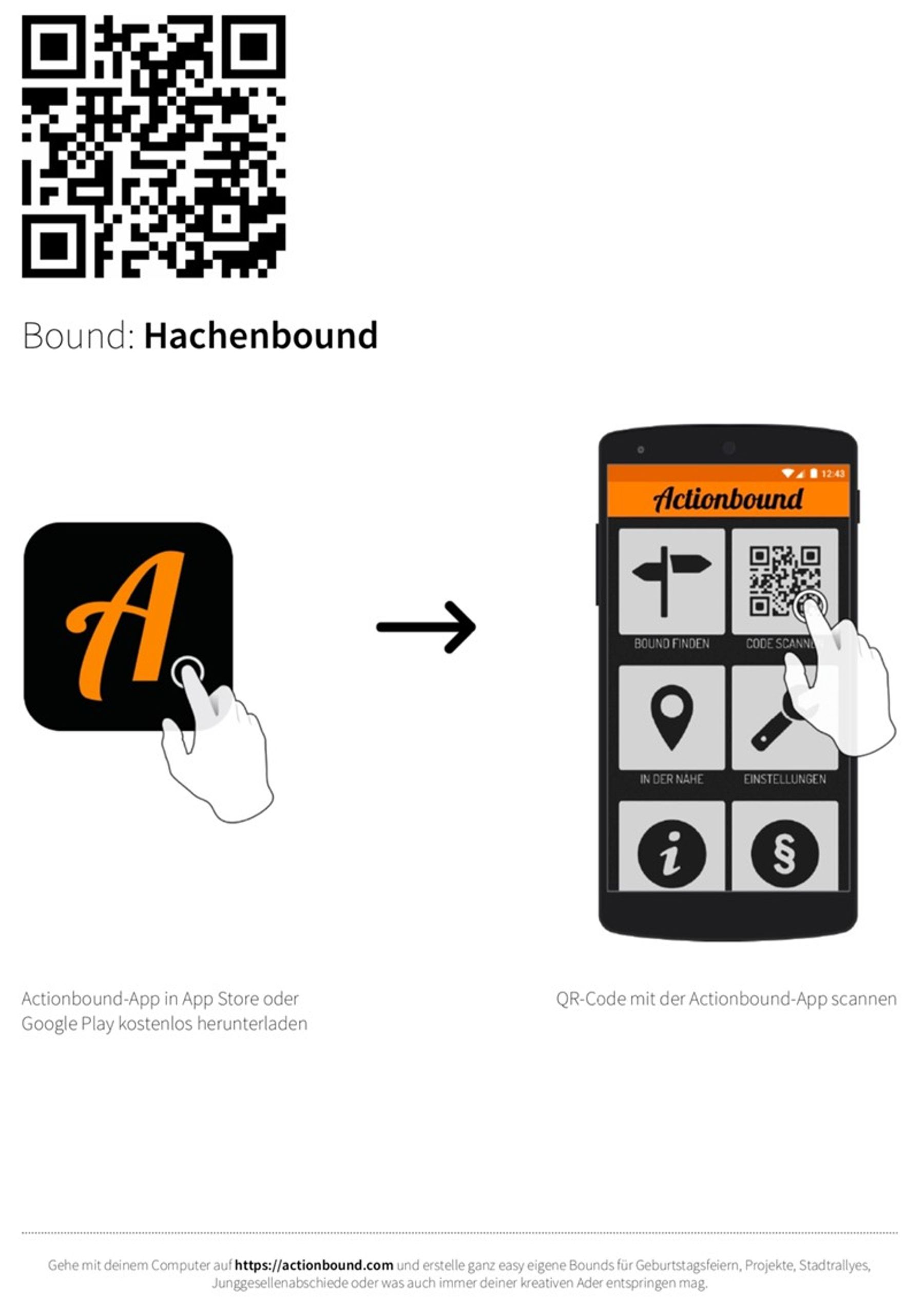 Smartphone-Bildschirm mit geöffneter Actionbound-App, auf dem ein Benutzer im Begriff ist, einen QR-Code mit der Aufschrift Hachenbound zu scannen. Die Anweisungen zum Herunterladen der Actionbound-App werden unten angezeigt.