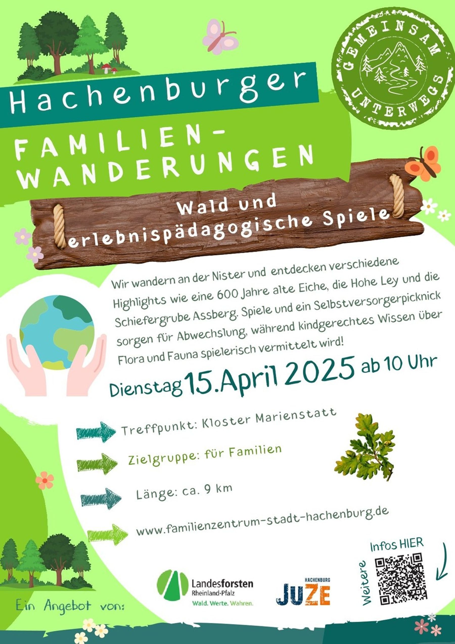 Plakat für eine Familienwanderveranstaltung in Hachenburg, Deutschland. Mit bunten Bäumen, Blättern und spielerischen Symbolen. Der Text enthält Einzelheiten zu einer 9 km langen Wanderung mit Spielen, Picknick und Naturerlebnissen am 15. April 2025.