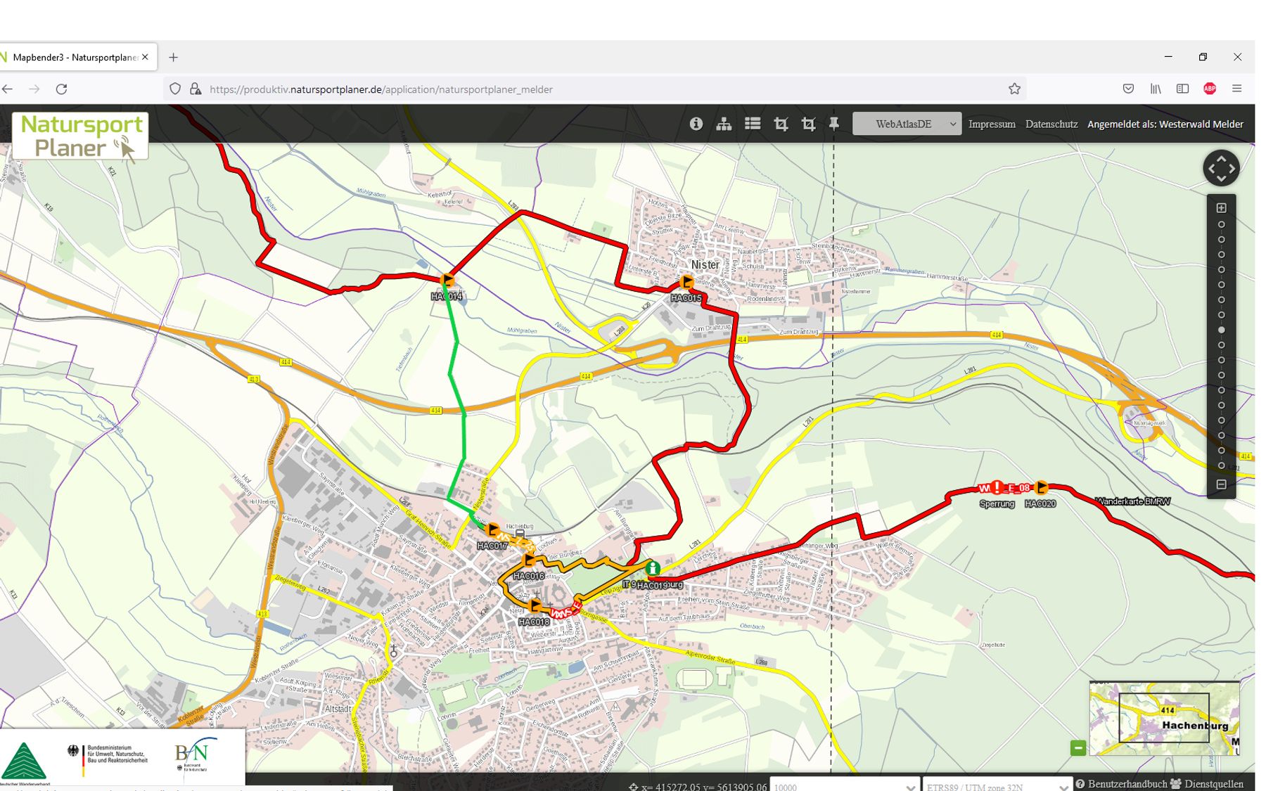 Screenshot einer Online-Karte von Natursport Planer mit Wander- und Radwegen in und um eine Stadt. Die Wege sind in verschiedenen Farben markiert, wobei Straßen, Grünflächen und Stadtgebiete sichtbar sind. Elemente der Website-Schnittstelle sind vorhanden.