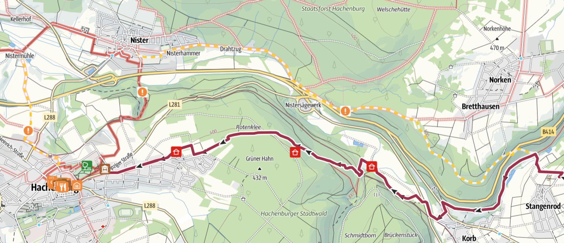 Karte mit einer Wanderroute von Hachenburg in Richtung Osten entlang der Nister, die durch Gebiete wie Nisterhammer und Nistermühle führt, mit markierten Rastplätzen und Aussichtspunkten entlang der bewaldeten und ländlichen Landschaft.