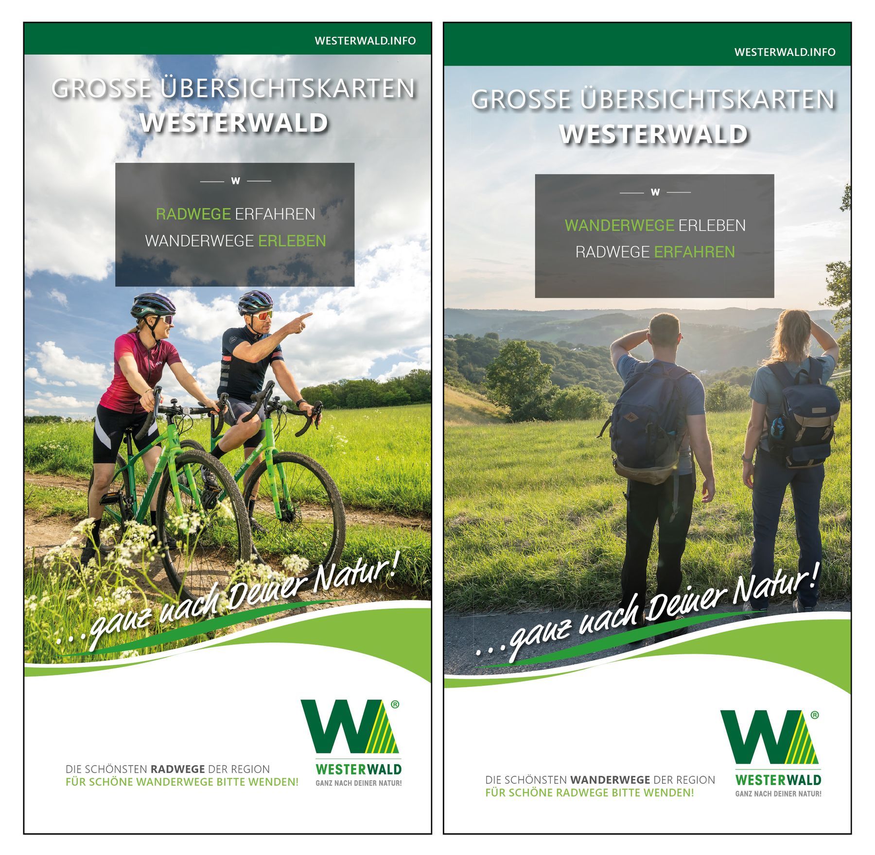 Zwei Werbeplakate für den Westerwald zeigen Radfahrer und Wanderer in der Natur auf grünen Wegen. Der Text hebt große Übersichtskarten für Rad- und Wanderwege hervor und lädt die Besucher ein, die Natur zu erleben.