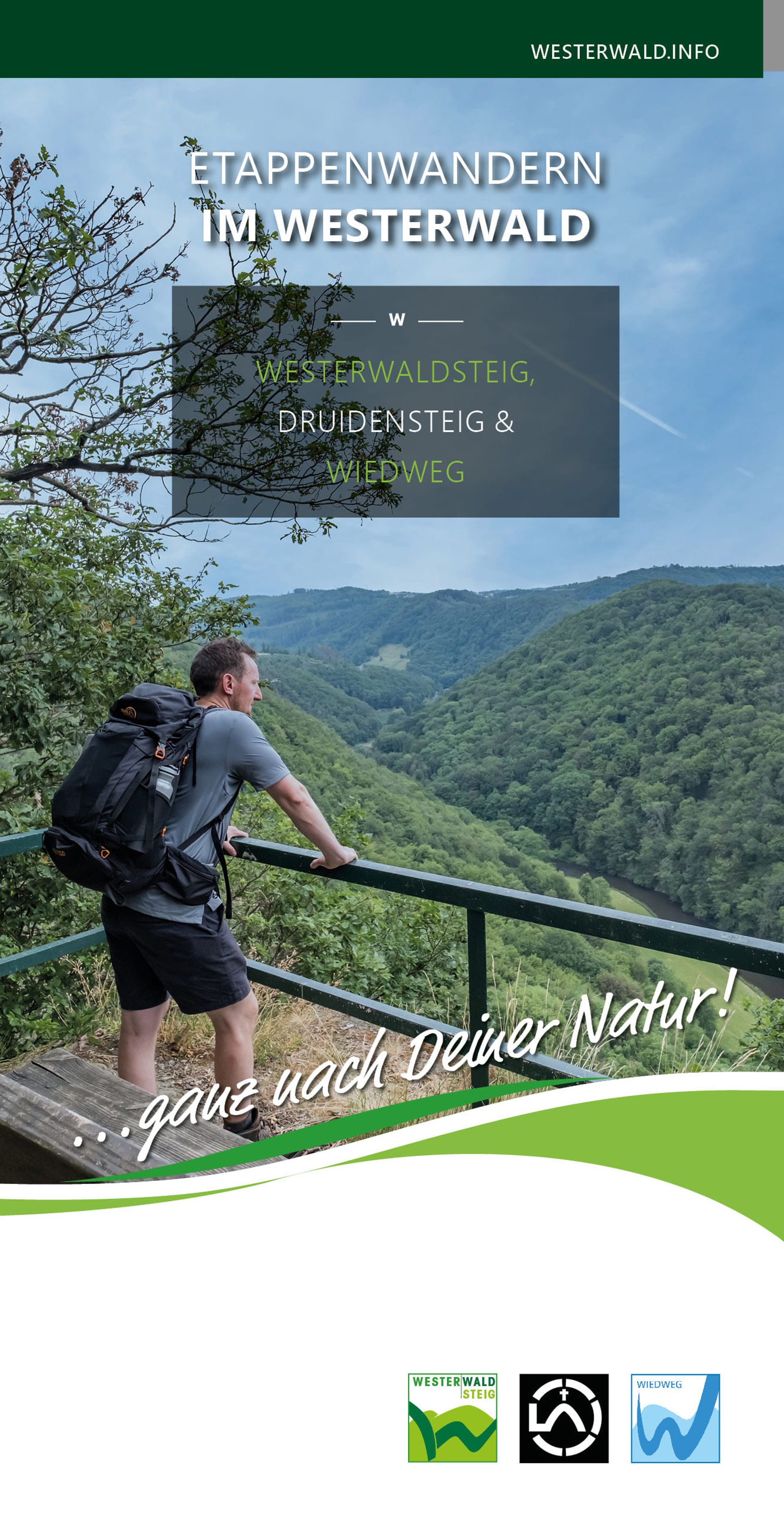 Ein Wanderer mit Rucksack steht an einem Geländer und blickt auf ein üppiges, grünes Tal mit bewaldeten Hügeln im Westerwald. Der Text wirbt für Wanderwege: Westerwaldsteig, Druidensteig und Wildweg.