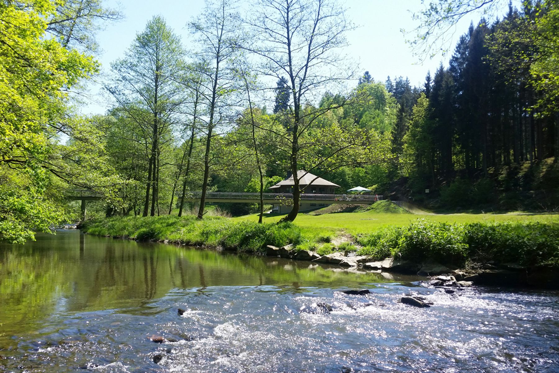 Ein kleiner Fluss fließt durch eine üppige, grüne Landschaft mit hohen Bäumen und Gras. Ein Haus mit schrägem Dach steht in der Nähe des Wassers, und eine Brücke überquert den Fluss im Hintergrund unter einem strahlend blauen Himmel.
