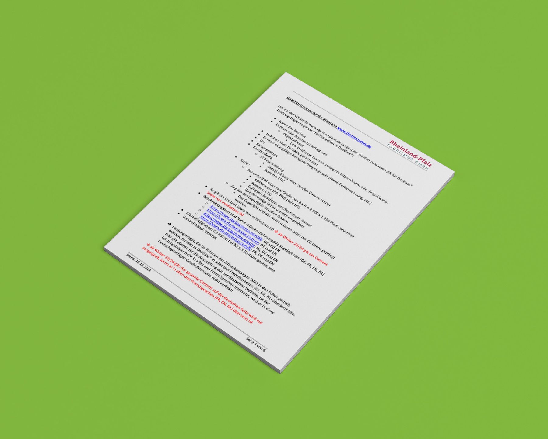 Ein einseitiger Lebenslauf mit schwarzem und rotem Text liegt schräg auf einer flachen, hellgrünen Fläche. Einige Abschnitte und Wörter sind in Rot und Blau hervorgehoben. Die Kopfzeile des Lebenslaufs lautet: Richard Hake.