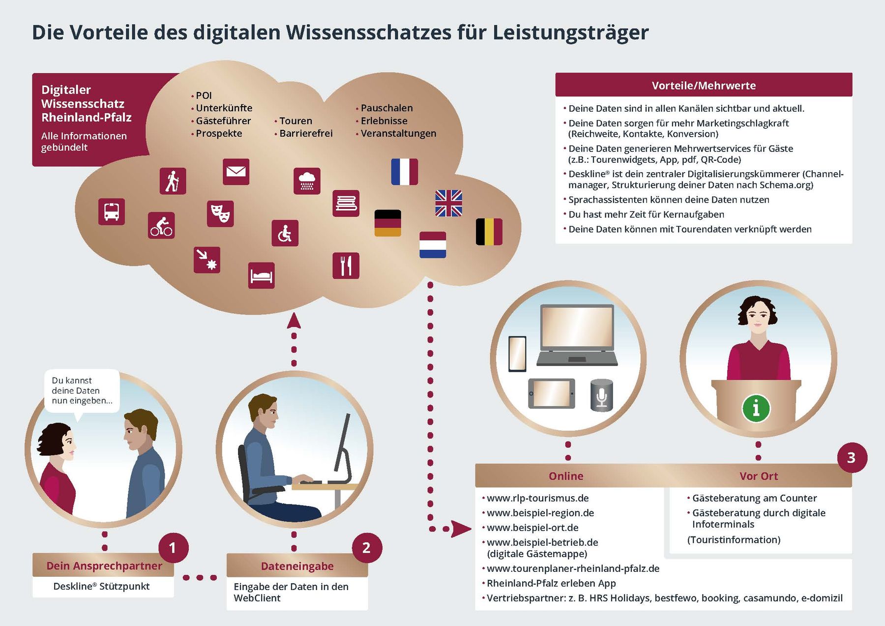 Infografik zum digitalen Wissensschatz Rheinland-Pfalz: Vorteile und Funktionen. Enthält Illustrationen von Computern, Personen, Symbolen für Informationen, Länderflaggen, Vorteile-Liste und verschiedene Zugriffswege (online, vor Ort).