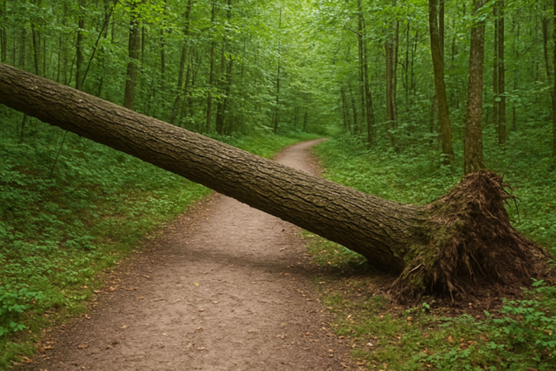 Ein großer Baum ist über einen unbefestigten Weg in einem dichten grünen Wald gestürzt und blockiert den Weg. Eine üppige Vegetation umgibt den Weg und den Baum und schafft eine natürliche, friedliche Umgebung.
