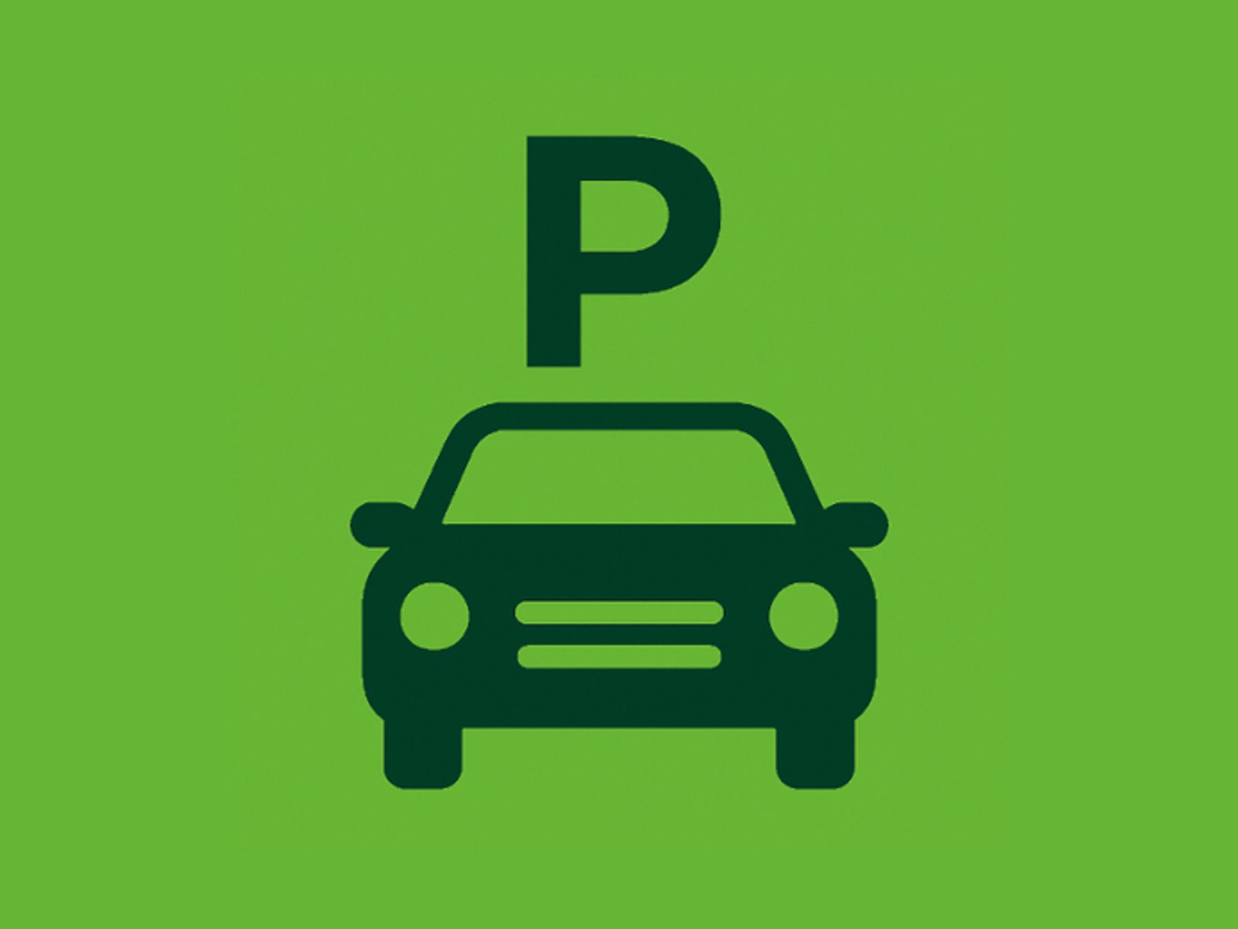 Ein schwarzes Symbol eines Autos mit einem großen Buchstaben P darüber, der das Parken symbolisiert, auf einem soliden grünen Hintergrund.