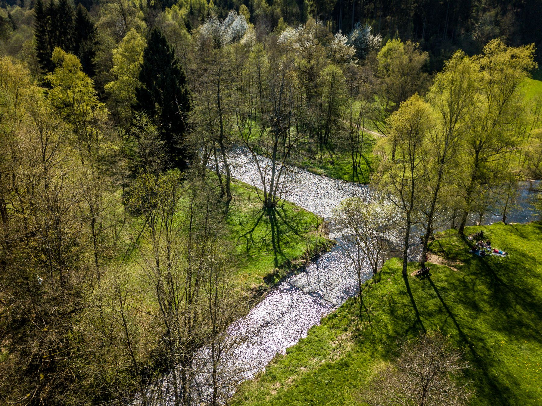 Luftaufnahme eines gewundenen Flusses, der durch eine grüne, bewaldete Landschaft fließt, wobei sich das Sonnenlicht auf dem Wasser spiegelt und eine kleine Gruppe von Menschen sich am grasbewachsenen Ufer entspannt.