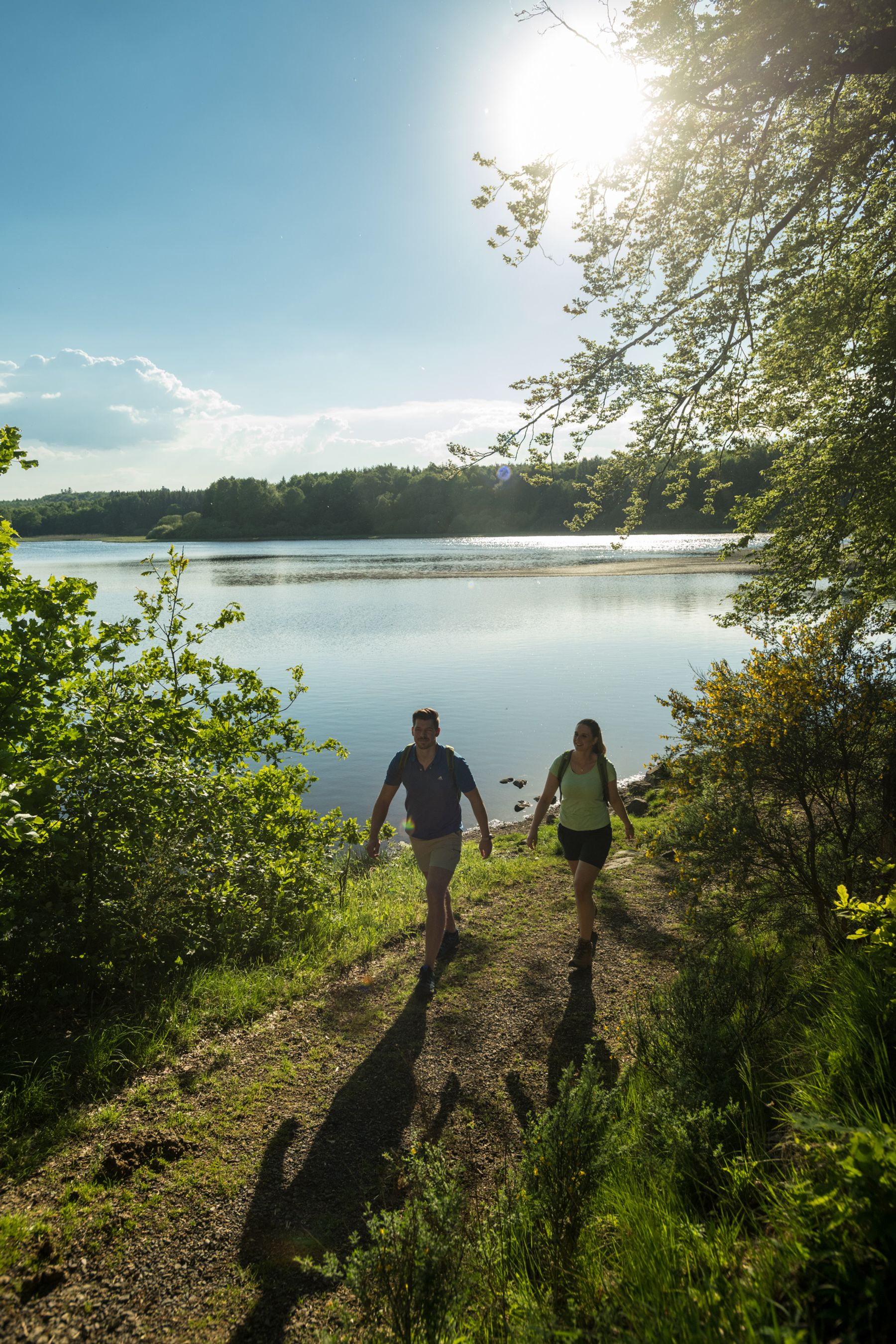 Zwei Personen wandern auf einem sonnenbeschienenen Weg an einem ruhigen See entlang, umgeben von üppig grünen Bäumen und Blättern, durch deren Zweige das Sonnenlicht fällt.