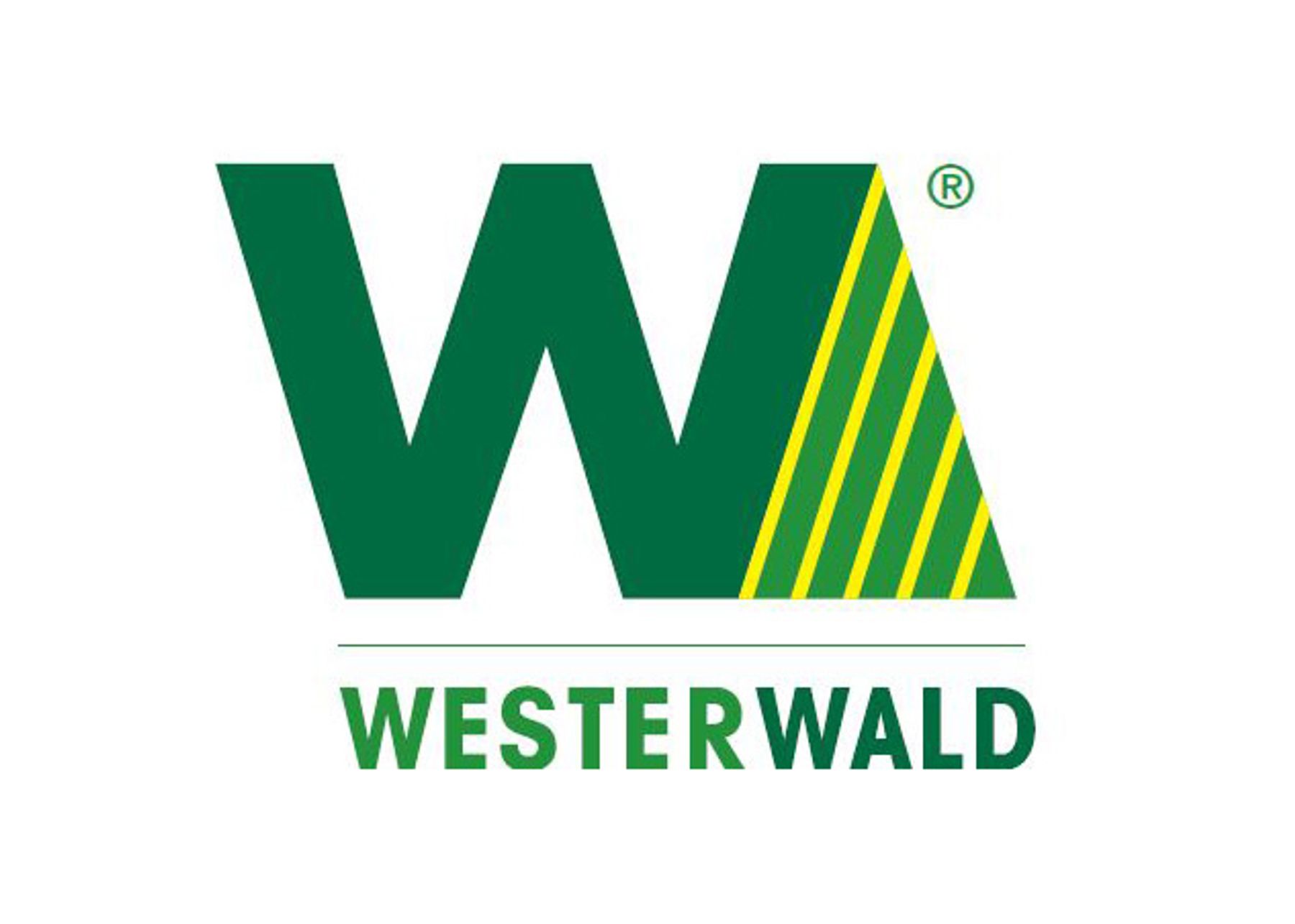 Grüne Buchstaben WA, wobei die rechte Seite des A mit gelben Diagonalstreifen gefüllt ist. Darunter steht das Wort WESTERWALD in grünen Großbuchstaben. Das Design ist auf weißem Hintergrund.