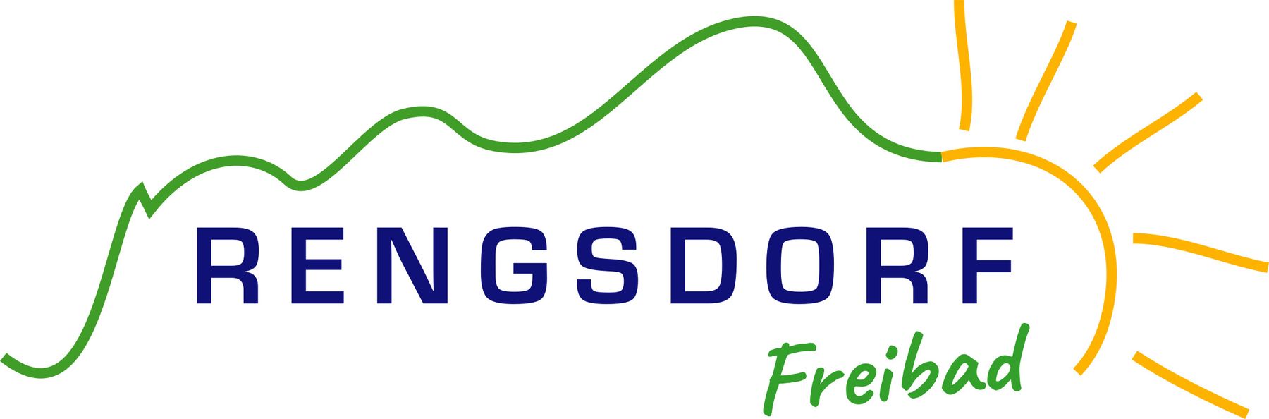 Logo für Rengsdorf Freibad mit einer grünen Wellenlinie, die Hügel darstellt, Rengsdorf in fetten blauen Buchstaben, Freibad in grüner Schrift und gelben Linien, die eine Sonne in der oberen rechten Ecke symbolisieren.