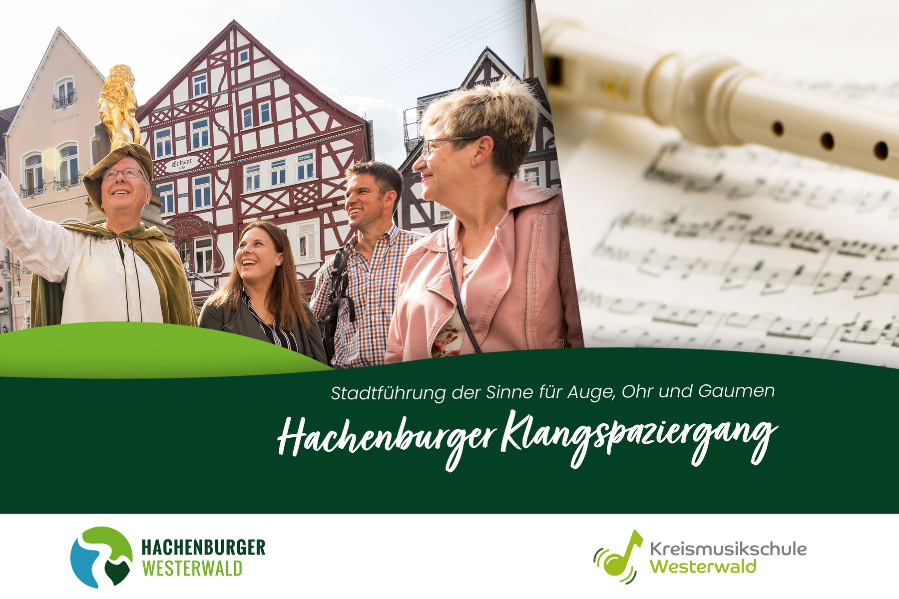 A cheerful tour guide in costume leads three smiling people through a charming town square, with a close-up of sheet music in the background. Event text and logos are also present.