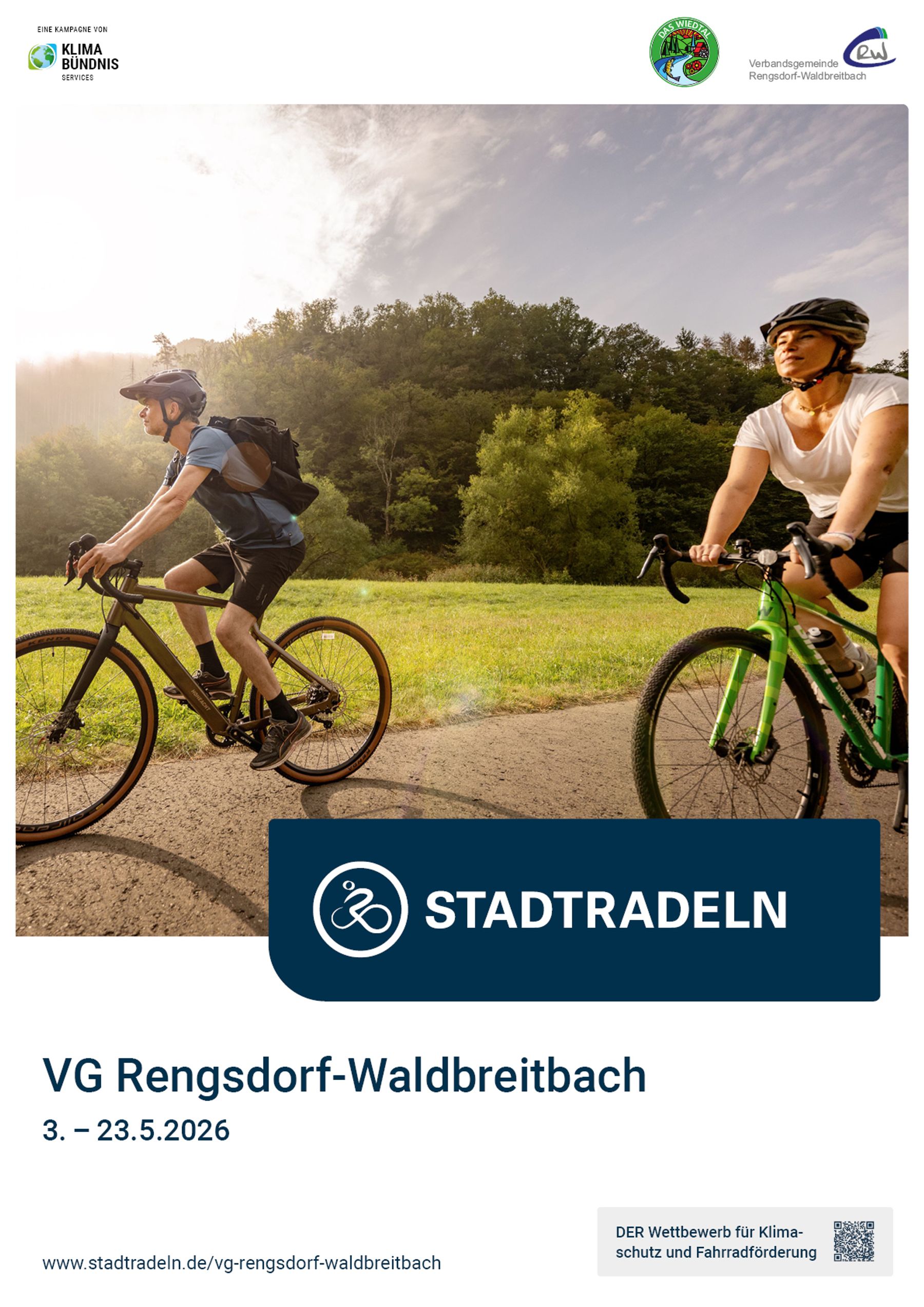 Two people ride bicycles along a paved path surrounded by greenery under a partly cloudy sky. The poster promotes Stadtradeln in VG Rengsdorf-Waldbreitbach, with event dates from May 3 to May 23, 2026.