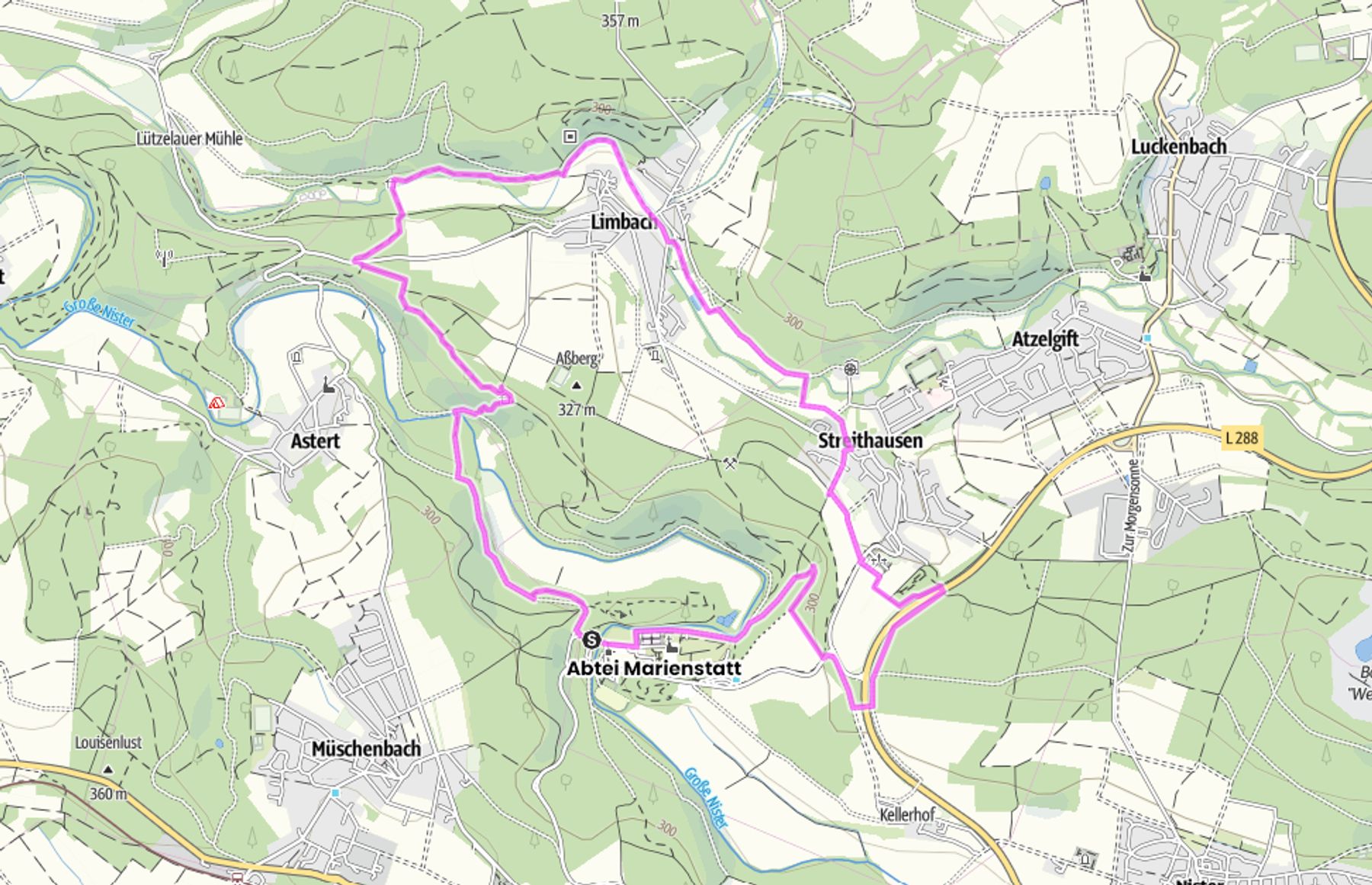 Die Karte zeigt einen rosa eingezeichneten Rundwanderweg, der durch Limbach, die Abtei Marienstatt und Stützelbach führt, wobei die umliegenden Wälder, Felder und Nachbarorte eingezeichnet sind.