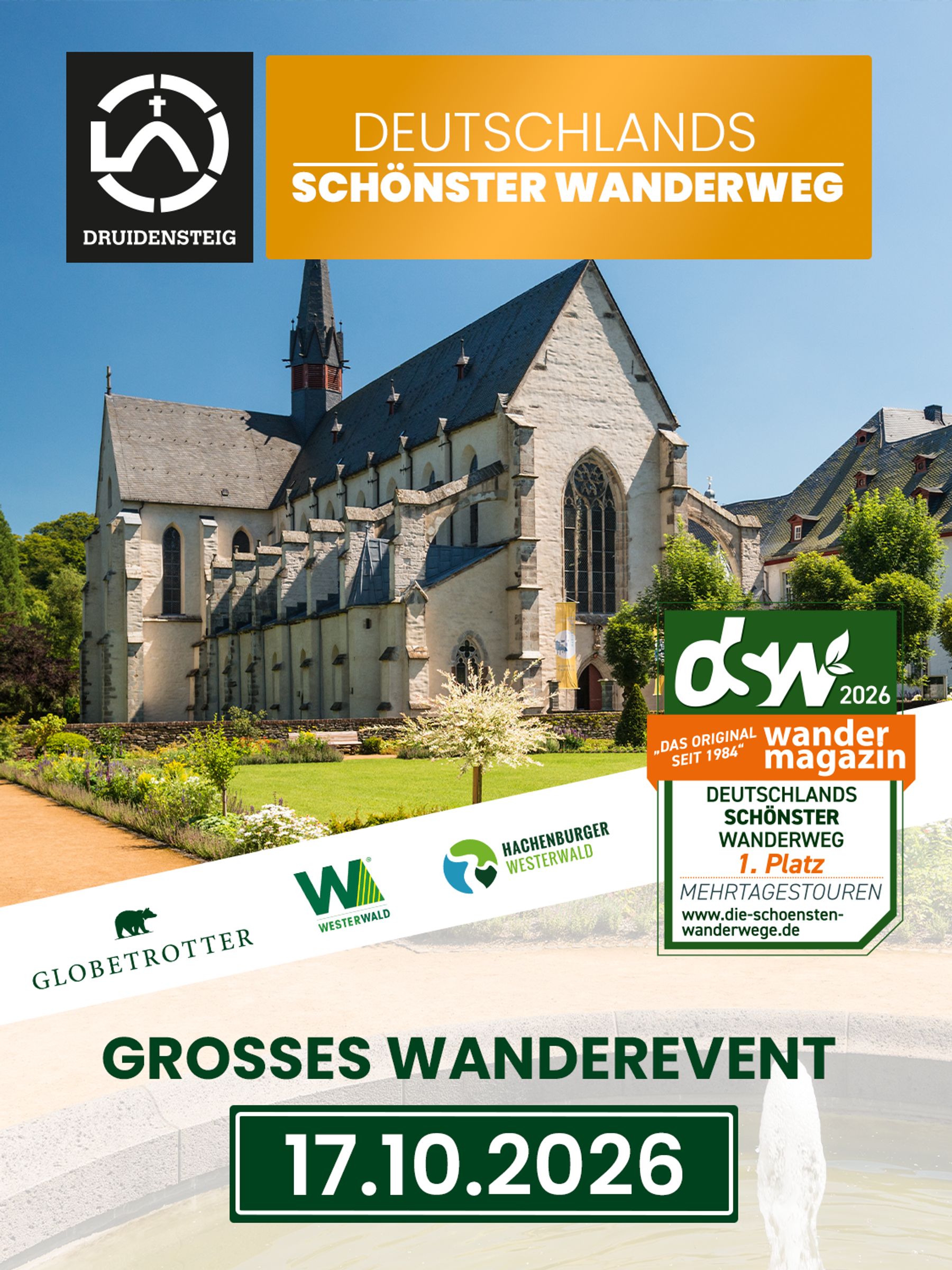 Plakat für die Veranstaltung „Deutschlands schönster Wanderweg 2026“ mit einer Kirche, Logos und dem Veranstaltungsdatum „17.10.2026“. Der Haupttext wirbt für Deutschlands schönsten Wanderweg und eine große Wanderveranstaltung.