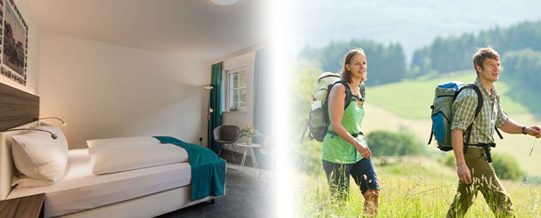 A hotel room with a double bed and teal accents on the left; on the right, two people hike outdoors in a green, sunny landscape.