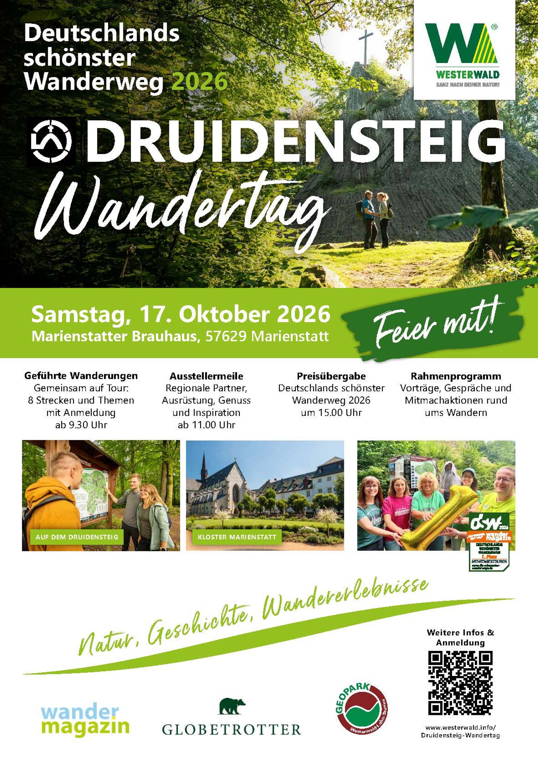 Plakat für den Druidensteig-Wandertag am 17. Oktober 2026 im Marienstatter Brauhaus. Mit Wanderungen, einer Ausstellung, einer Preisverleihung sowie naturbezogenen Grafiken mit Logos und beschreibendem Text.